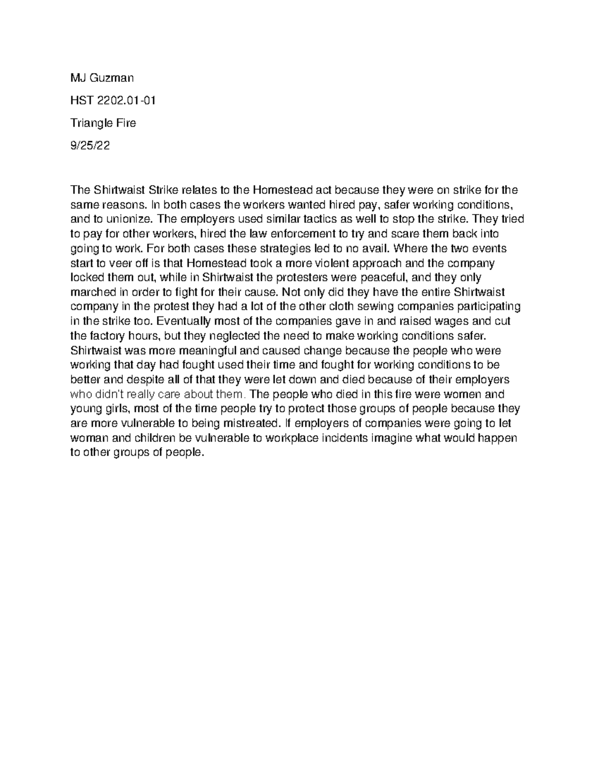 Triangle Fire MJ Guzman HST 2202 Triangle Fire 9/25/ The Shirtwaist