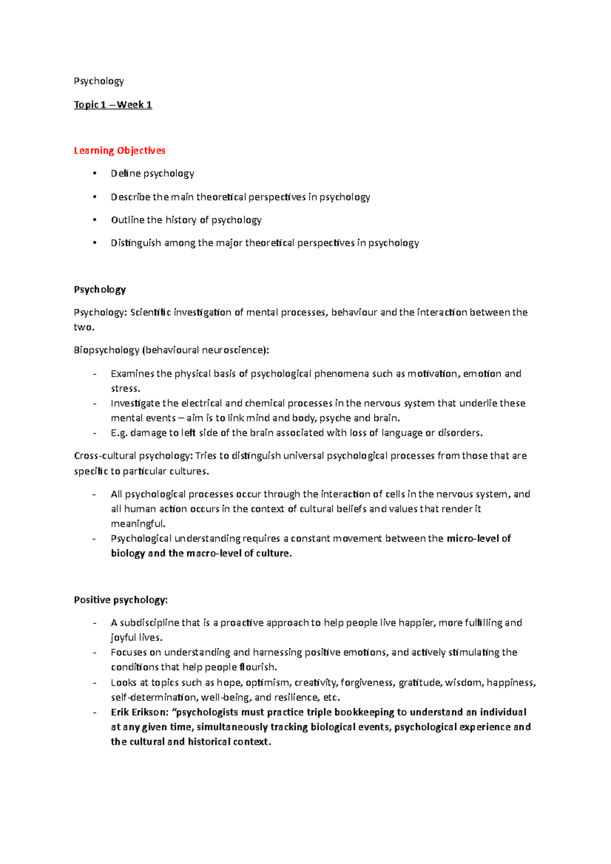 Summary of Topic 1 - Psychology Topic 1 Week 1 Learning Objectives ...
