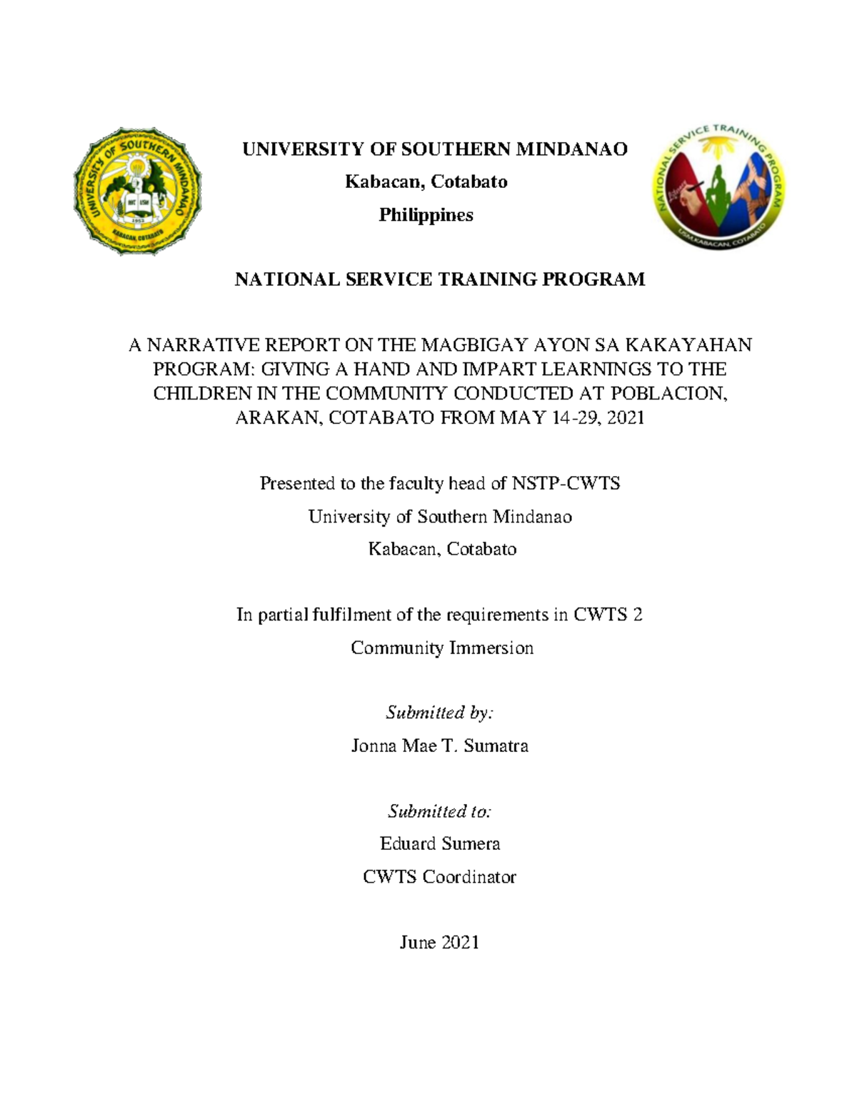 Immersion Papers Sumatra Jonna - UNIVERSITY OF SOUTHERN MINDANAO ...