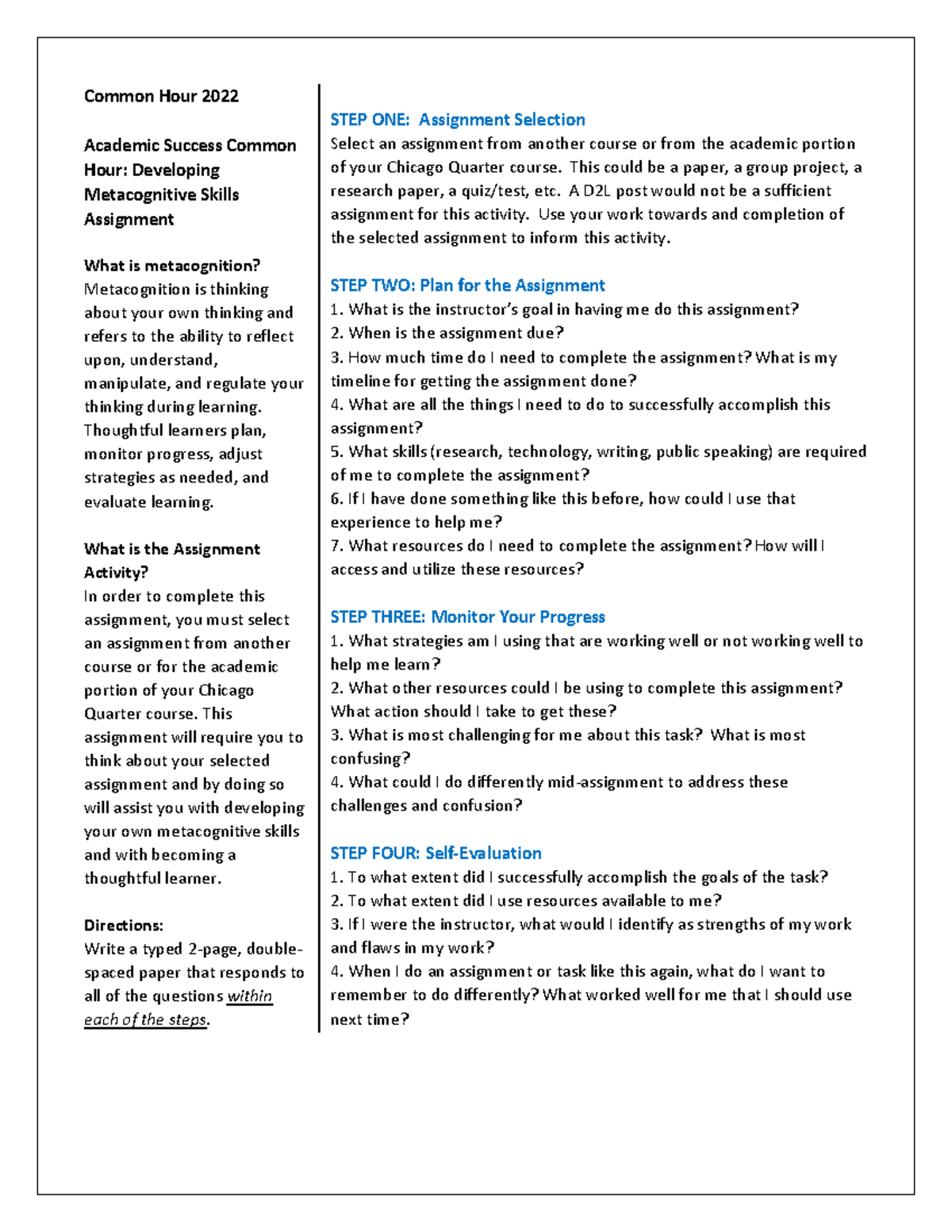Academic Success Metacognition Assignment - Common Hour 2022 Academic ...