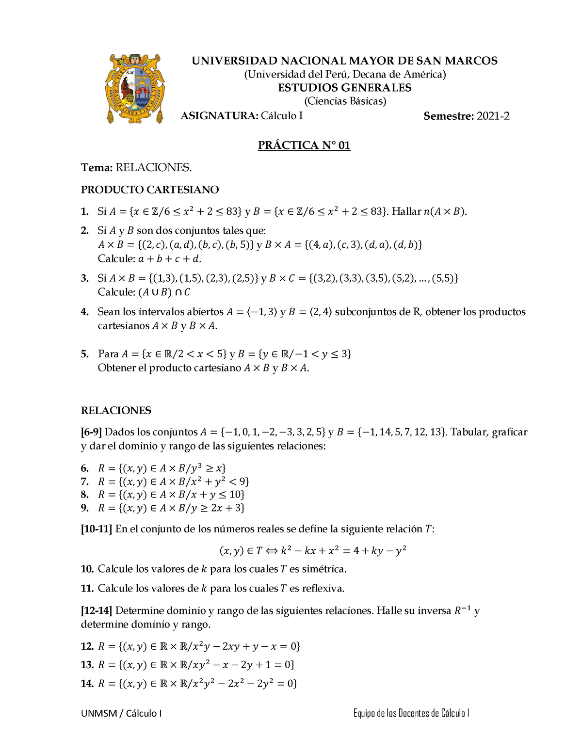 Practica N. 1 - Relaciones Semana 1 - UNMSM / C·lculo I Equipo De Los ...