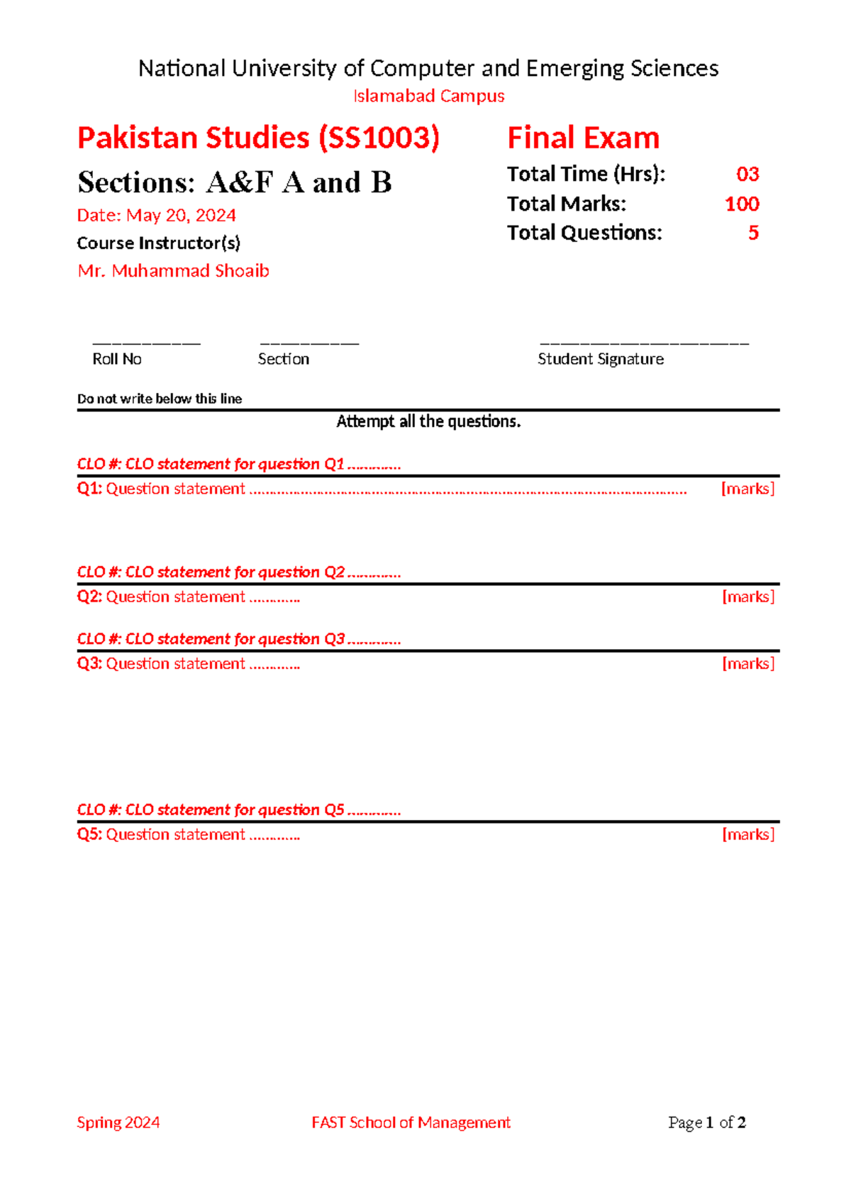 Revised Question Paper Template Sp- 2024 - National University of ...