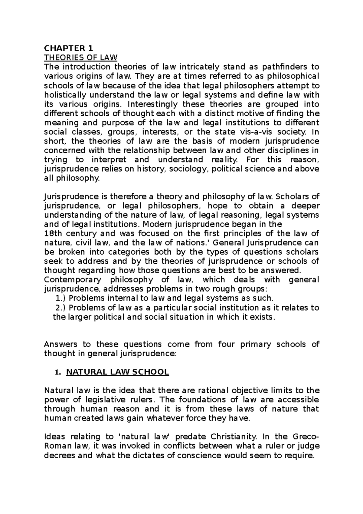 Legal Methods Chapter 1 CHAPTER 1 THEORIES OF LAW The introduction