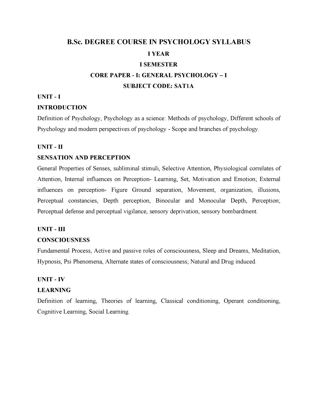 B.Sc Psychology Old Syllabus Before 2020 - B. DEGREE COURSE IN ...