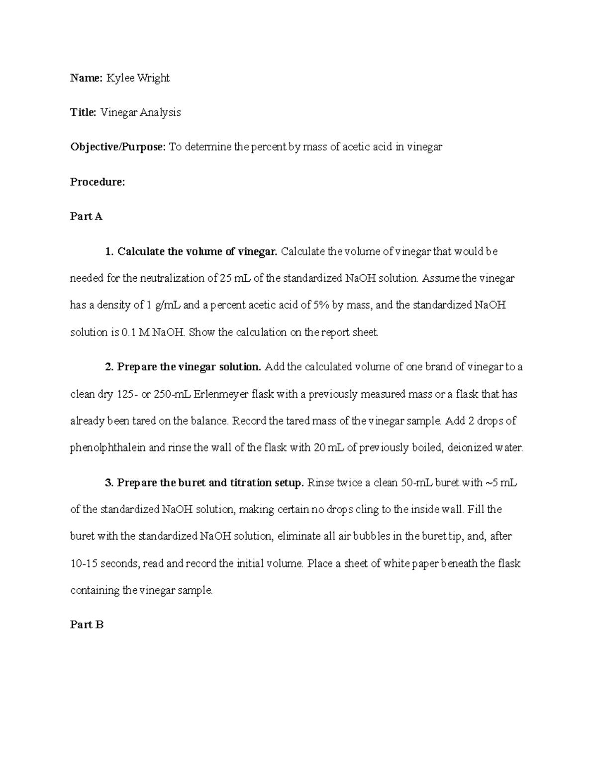 Experiment 10 A Vinegar Analysis PreLab Questions Name Kylee Wright