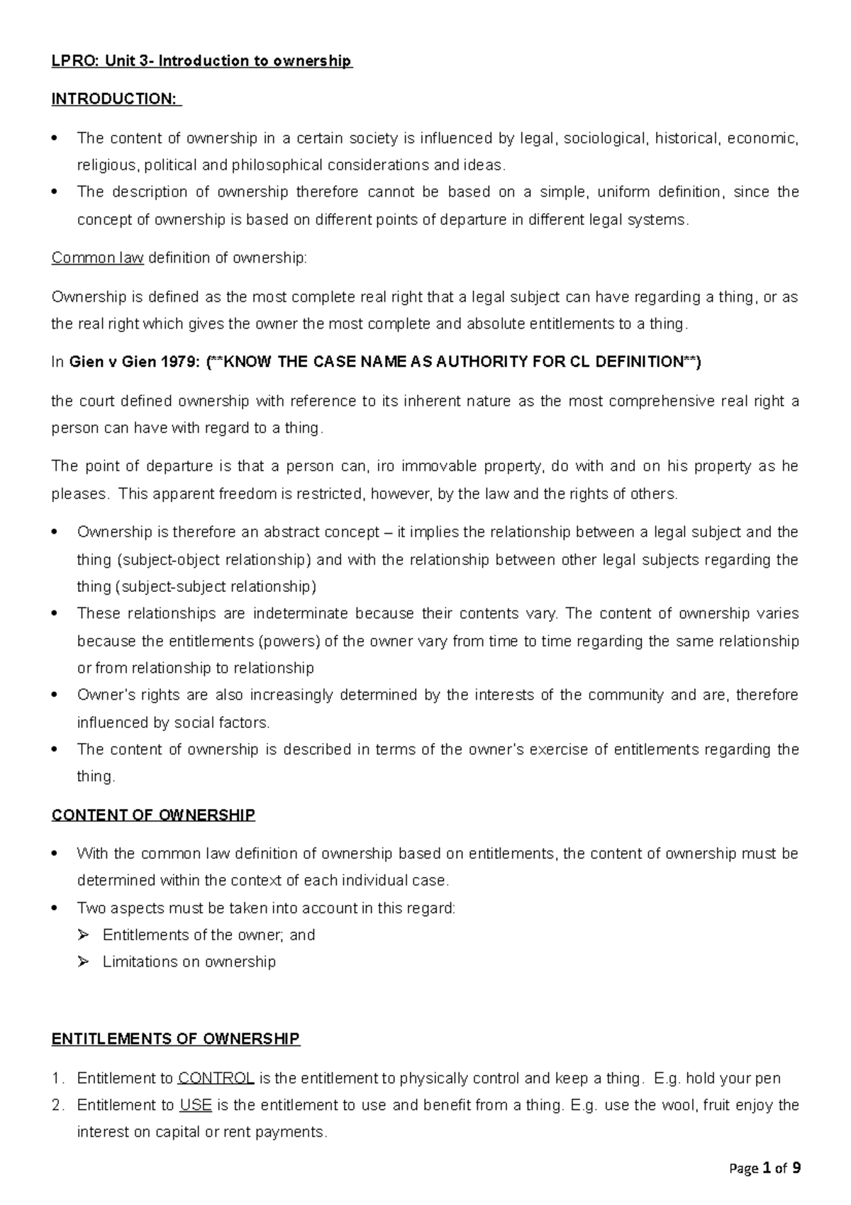 Law Of Property - LPRO: Unit 3- Introduction To Ownership INTRODUCTION ...