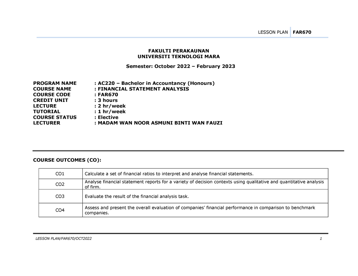 Student Lesson PLAN FAR670 October 2022 - FAKULTI PERAKAUNAN UNIVERSITI ...