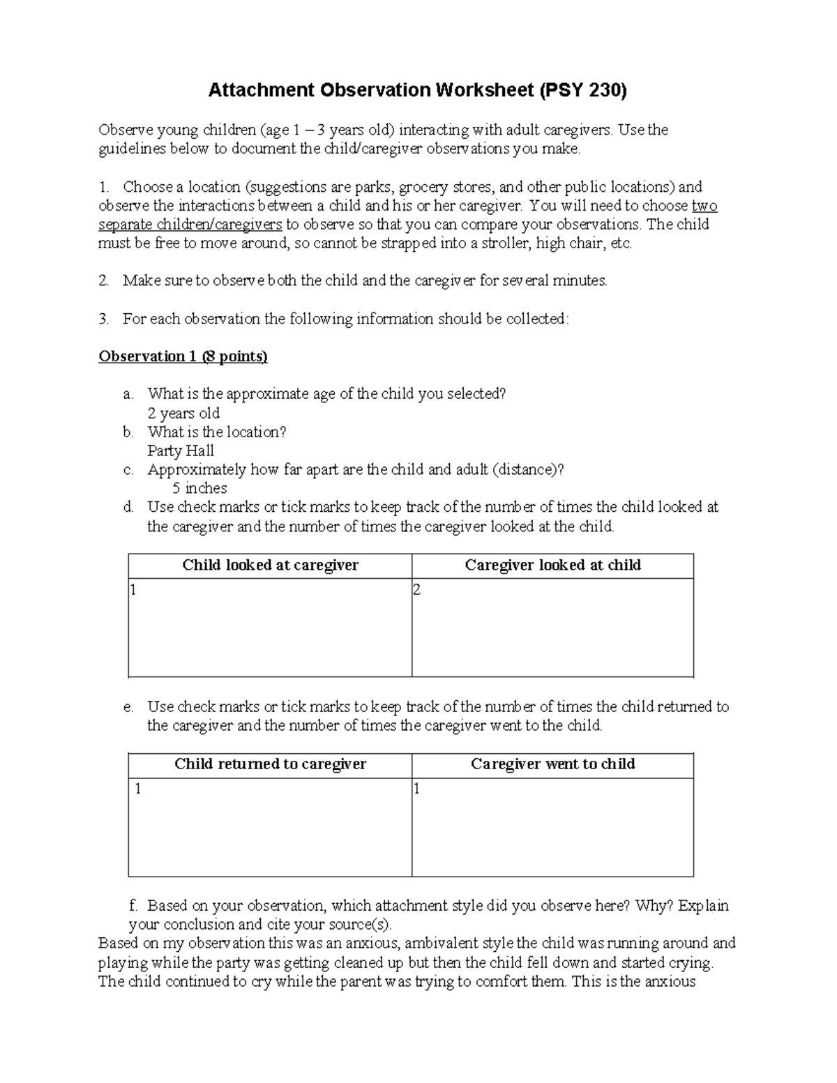 PSY 230 Assignment - Attachment Observation Worksheet - Attachment ...