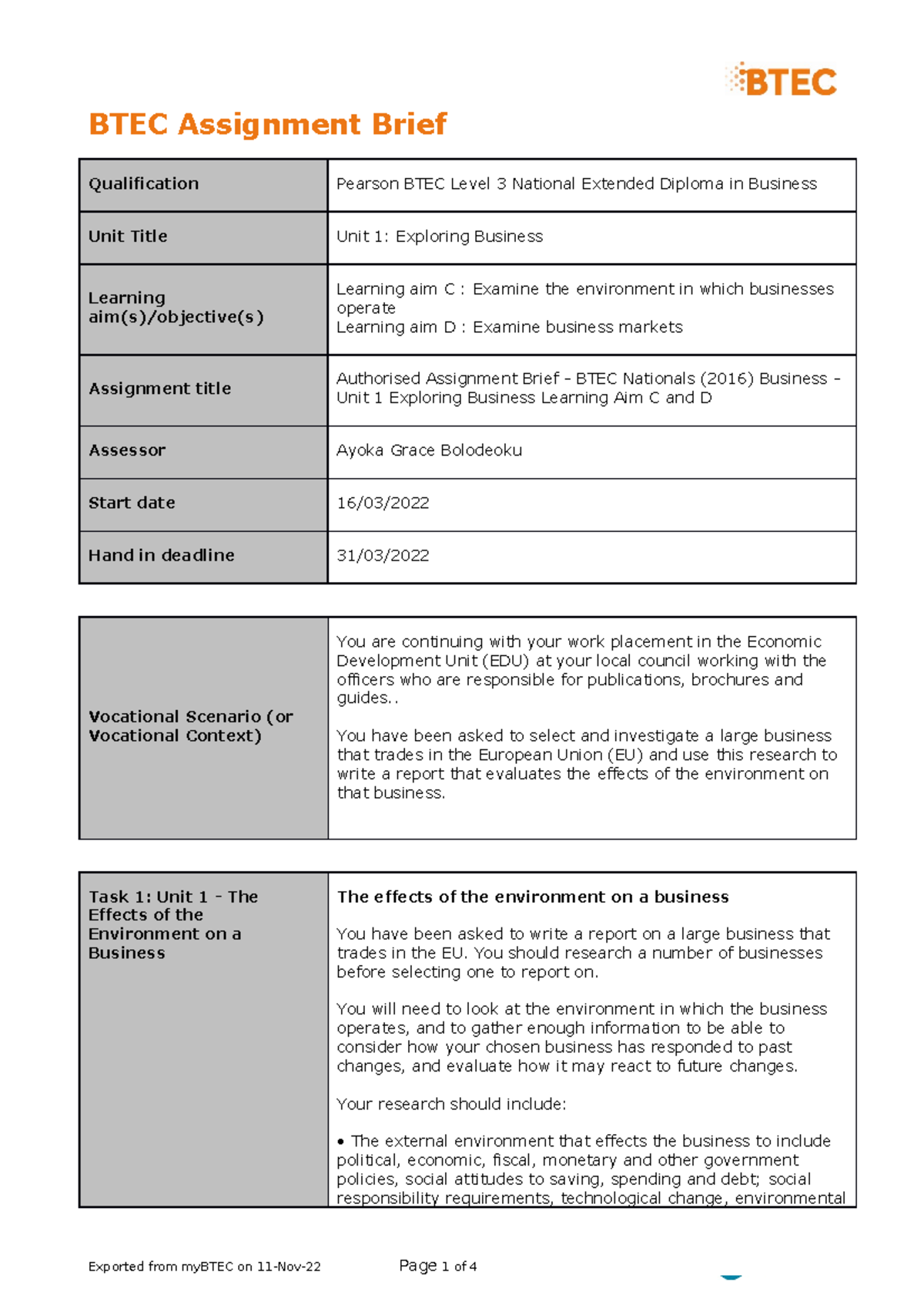 unit 1 exploring business assignment 2 tesco