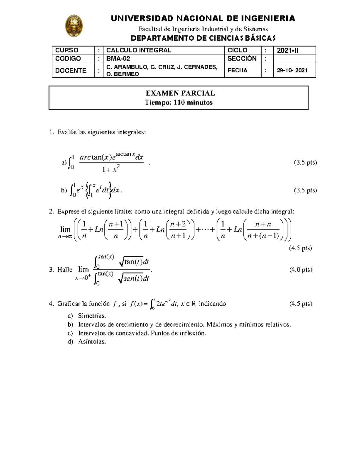 Midterm exam of integral calculus - UNIVERSIDAD NACIONAL DE INGENIERIA ...