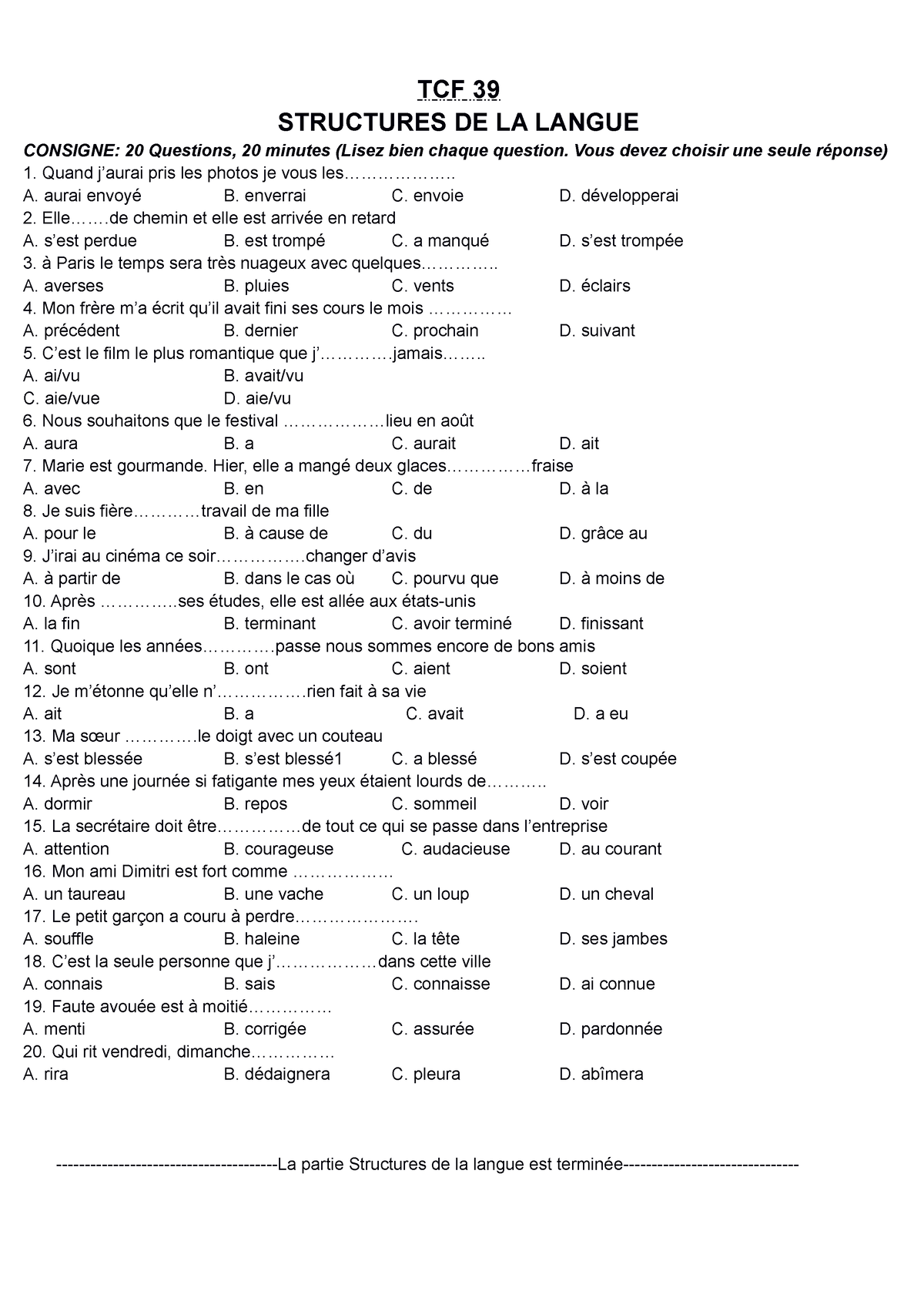 Tcf 39 Fle Tcf 39 Structures De La Langue Consigne 20 Questions 20 Minutes Lisez Bien 9619