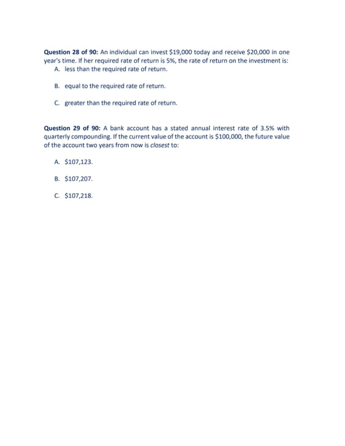 Mẫu đề thi Quant CFA - Question 28 of 90: An individual can invest ...