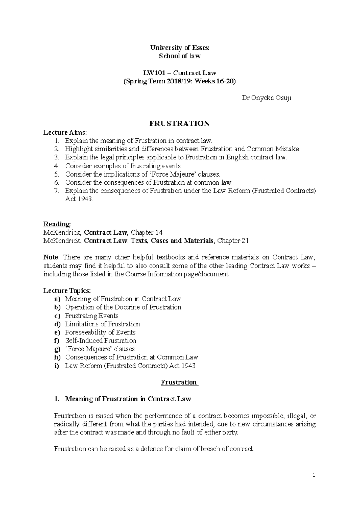 LW101 Contract Law - Lecture Note - Frustration 2018-19 - University of ...