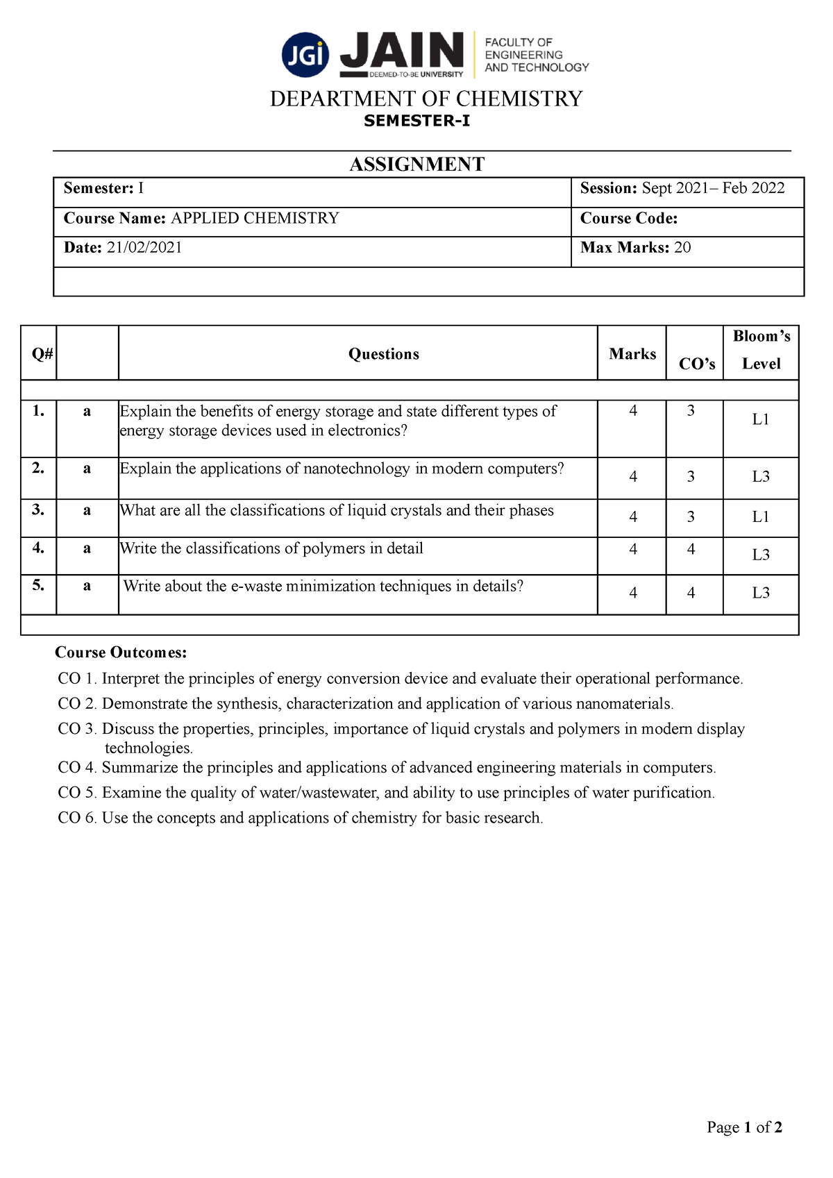 assignment meaning in chemistry