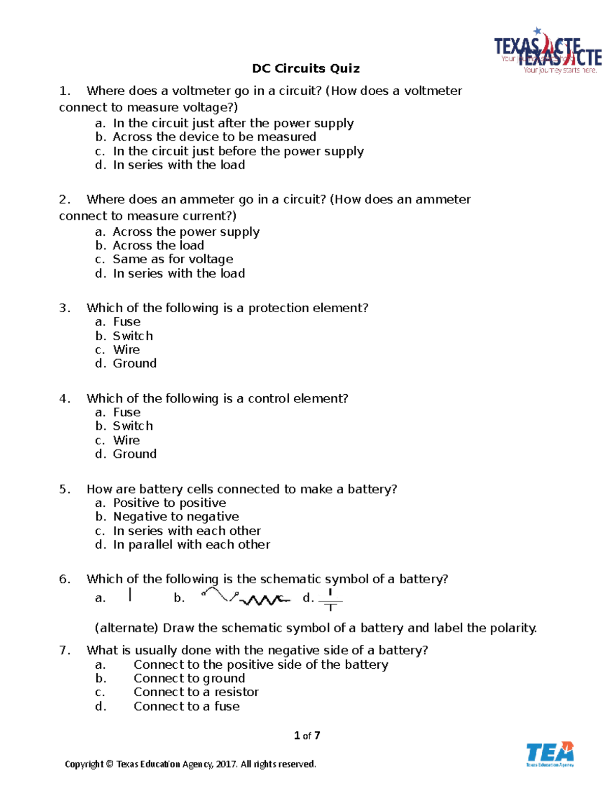 DC Circuits Quiz 082519 - DC Circuits Quiz Where does a voltmeter go in ...
