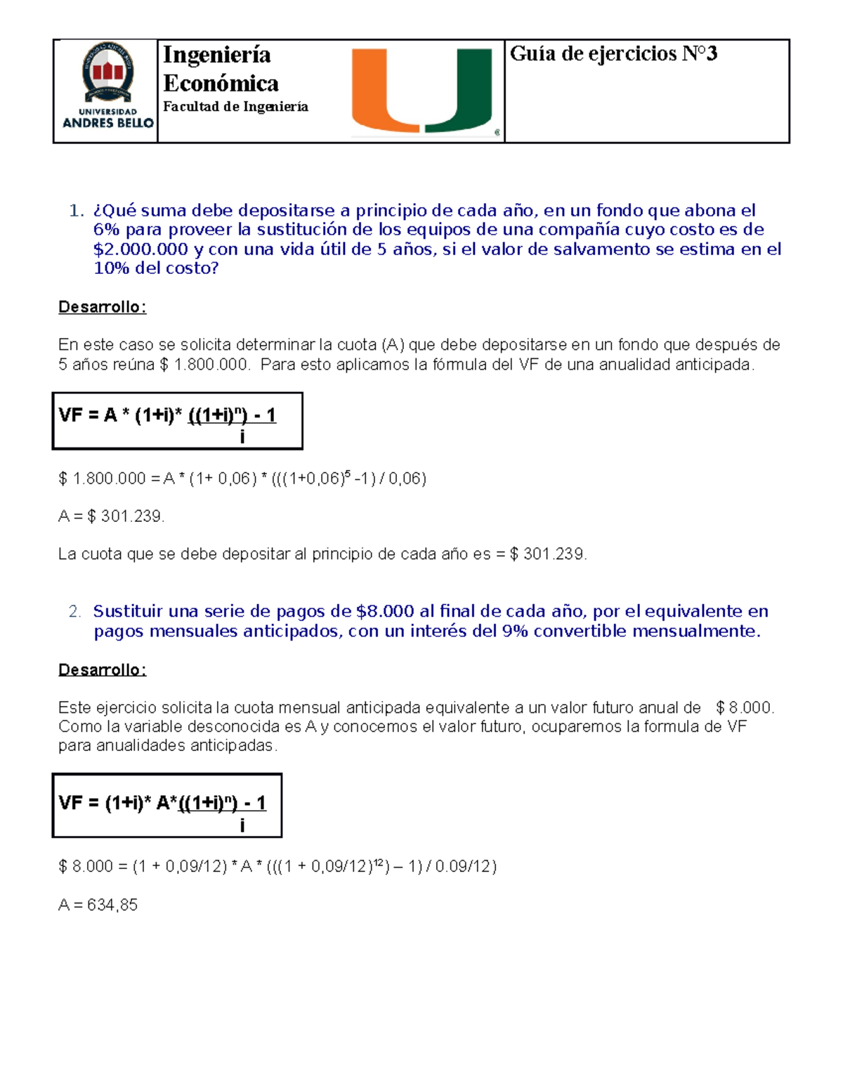 Guía De Ejercicios N° 3 ING. Económica - Ingeniería Económica Facultad ...