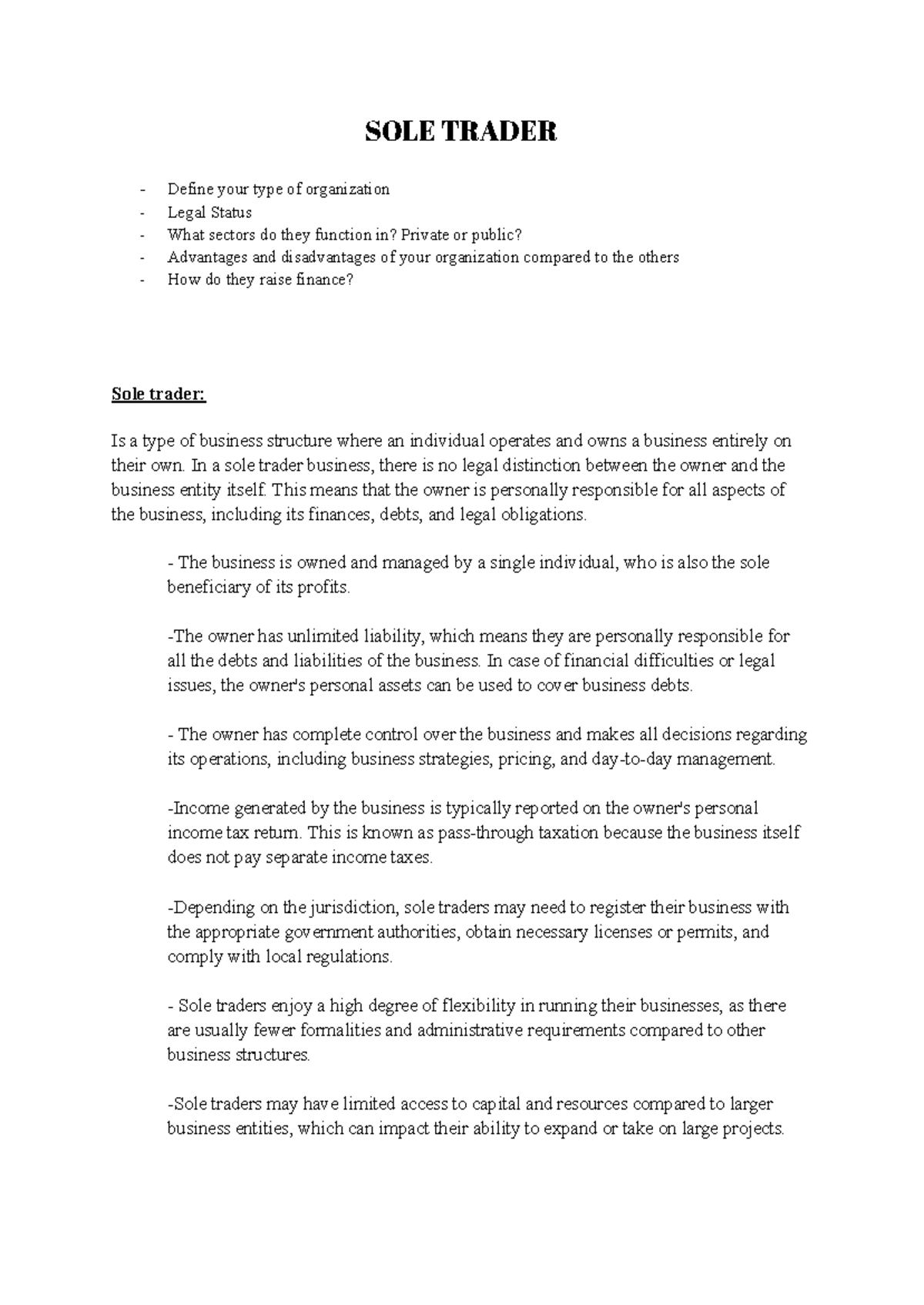 SOLE Traders SOLE TRADER Define your type of organization Legal