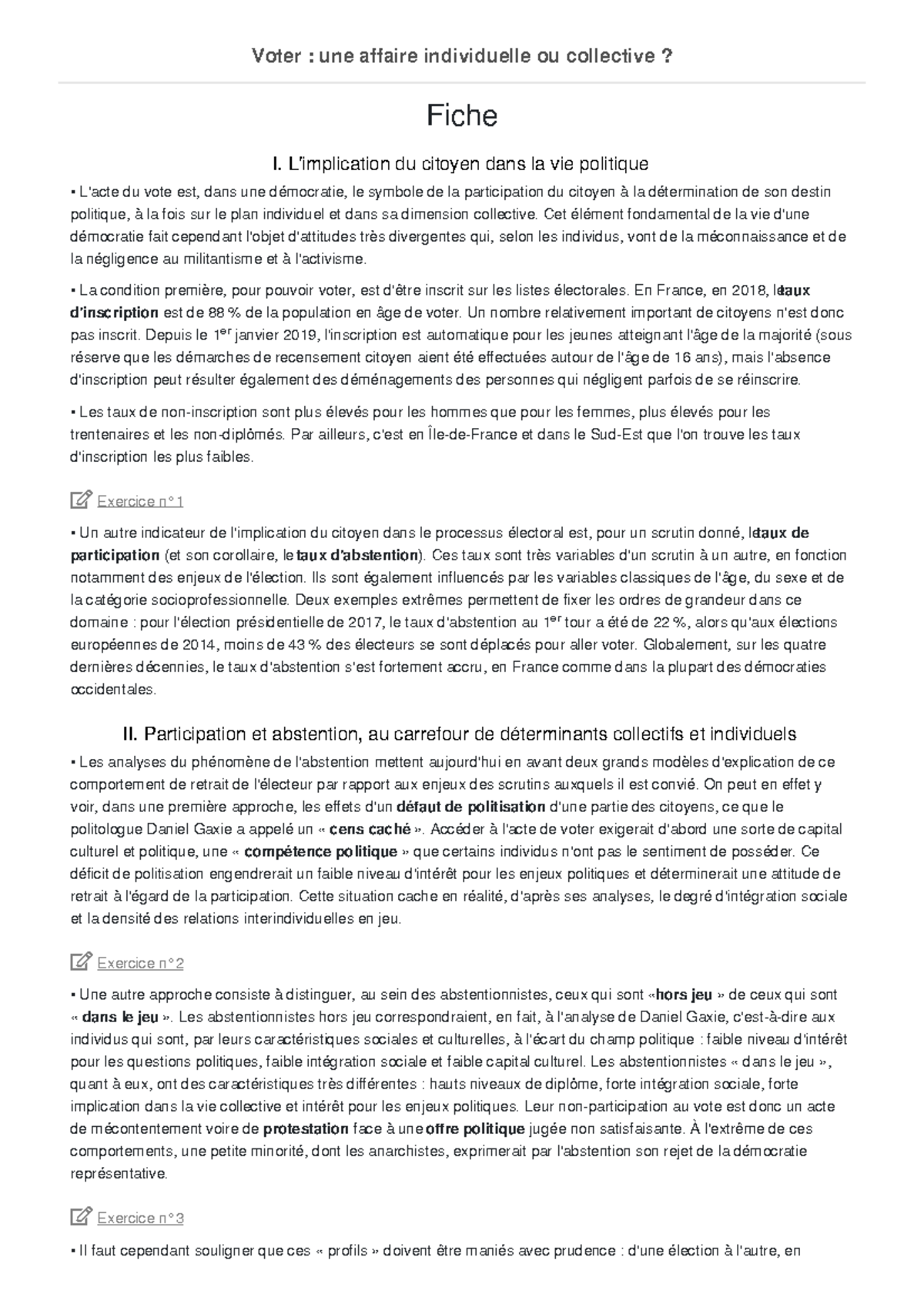Ses Voter Une Affaire Individuelle Ou Collective voter une affaire individuelle ou collective - Fiche I. L'implication du  citoyen dans la vie - Studocu