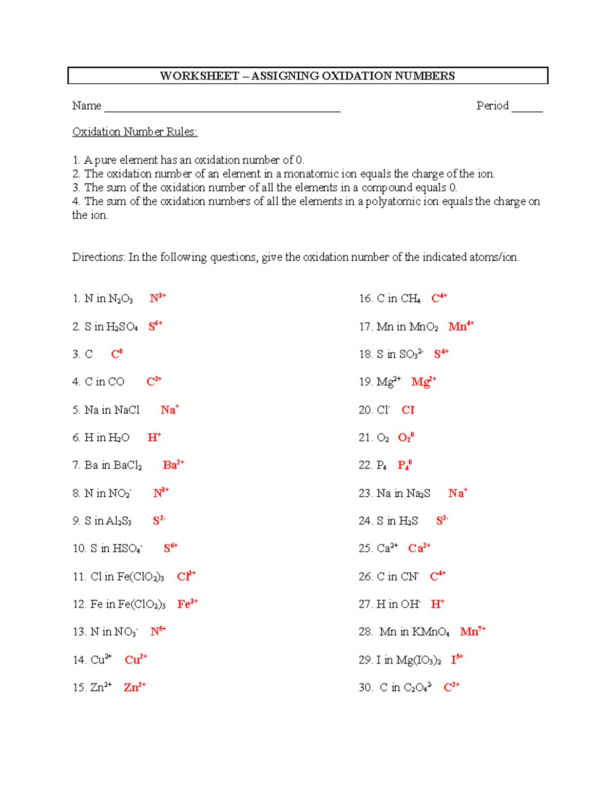 Worksheet Assigning Oxidation Numbers Key WORKSHEET ASSIGNING 