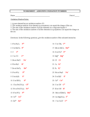 Worksheet - Assigning Oxidation Numbers - Key - WORKSHEET – ASSIGNING OXIDATION  NUMBERS Name - Studocu