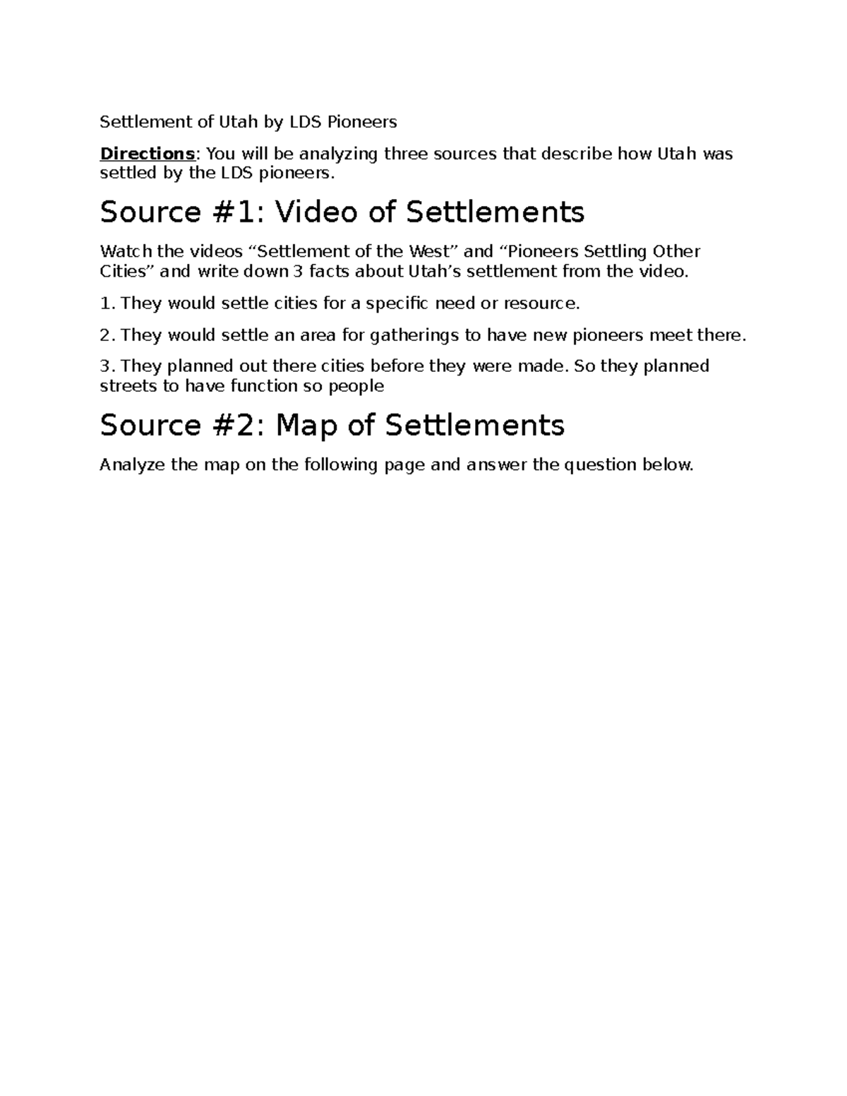 Utah Studies Pioneer Struggle Settlement of Utah by LDS Pioneers Directions You will be