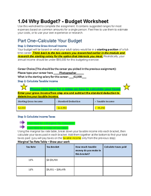 1.04 Why Budget - personal finance - 1 Why Budget? - Budget Worksheet Use  this worksheet to complete - Studocu