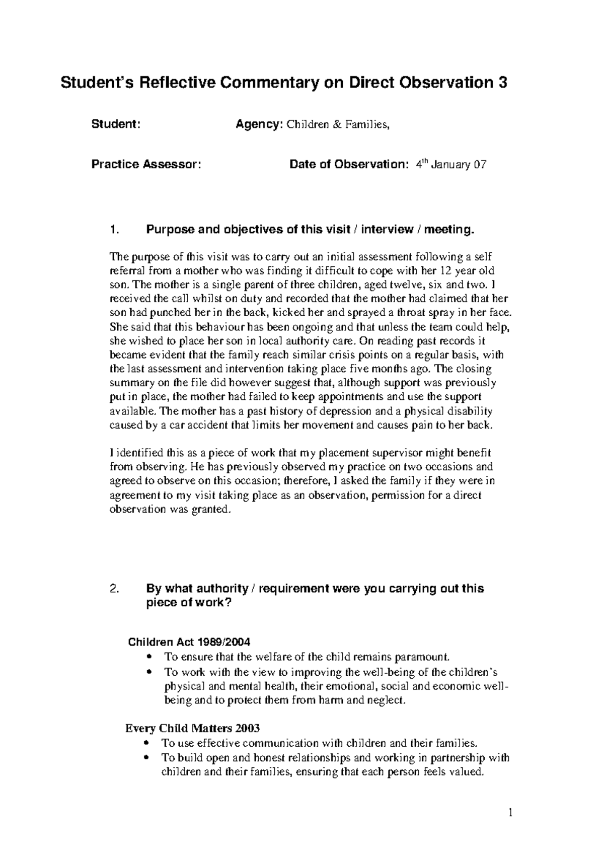 1636 - assgn - Student’s Reflective Commentary on Direct Observation 3 ...