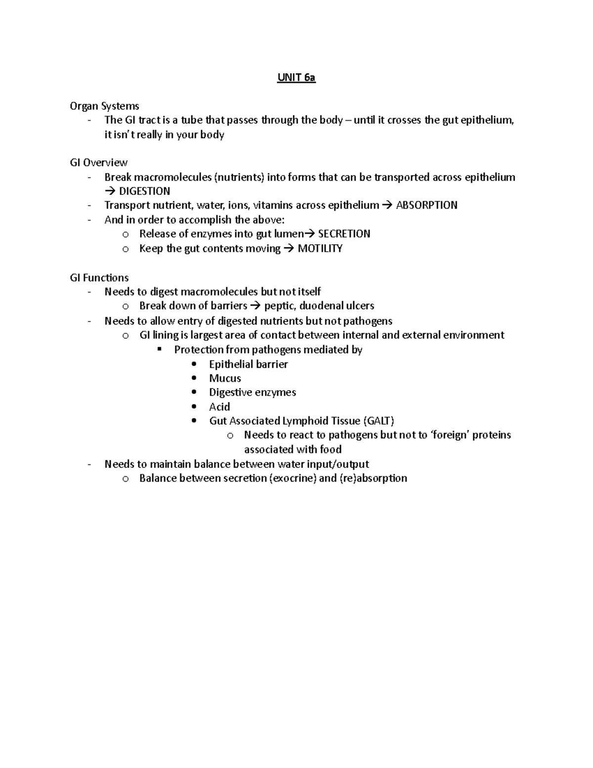 UNIT 6a+b - Lecture notes unit 6 - UNIT 6a Organ Systems - The GI tract ...