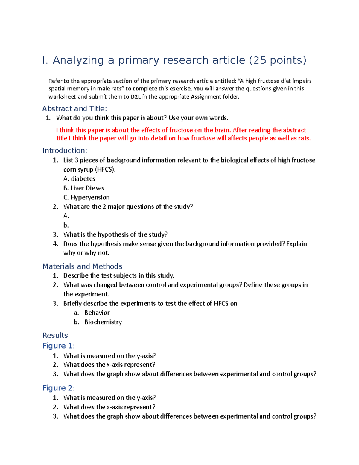 Worksheet for Analyzing a primary research article (1) I. Analyzing a