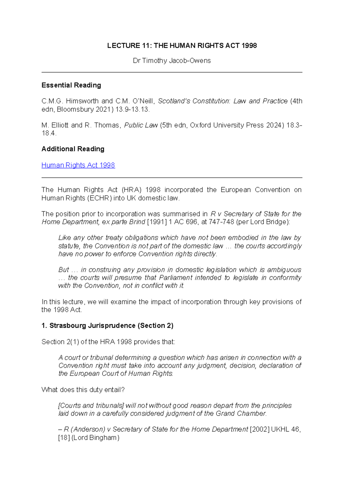 Plair Lecture 11 Handout - LECTURE 11: THE HUMAN RIGHTS ACT 1998 Dr ...
