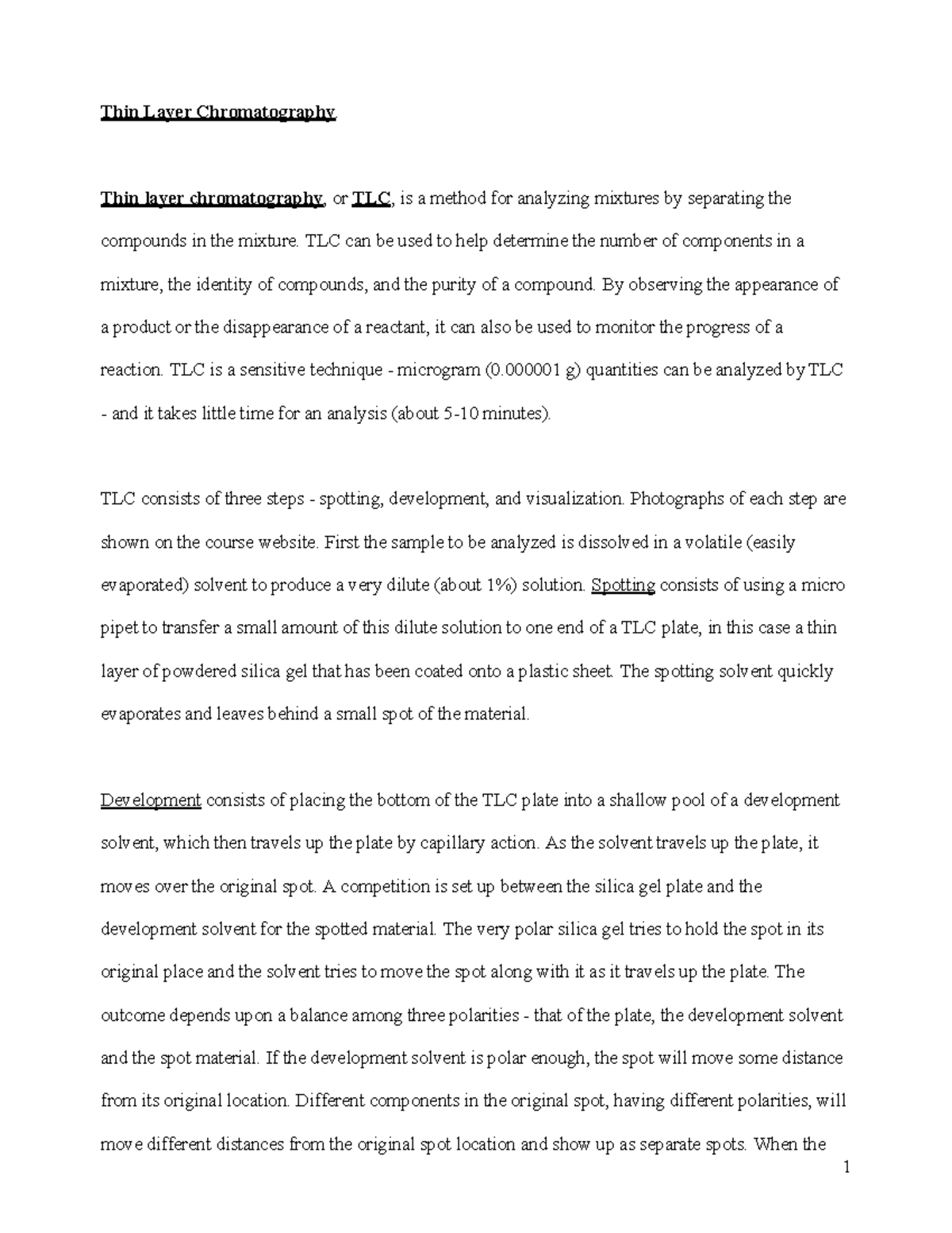 TLC procedure - Organic Chemistry Laboratory II - Thin Layer ...