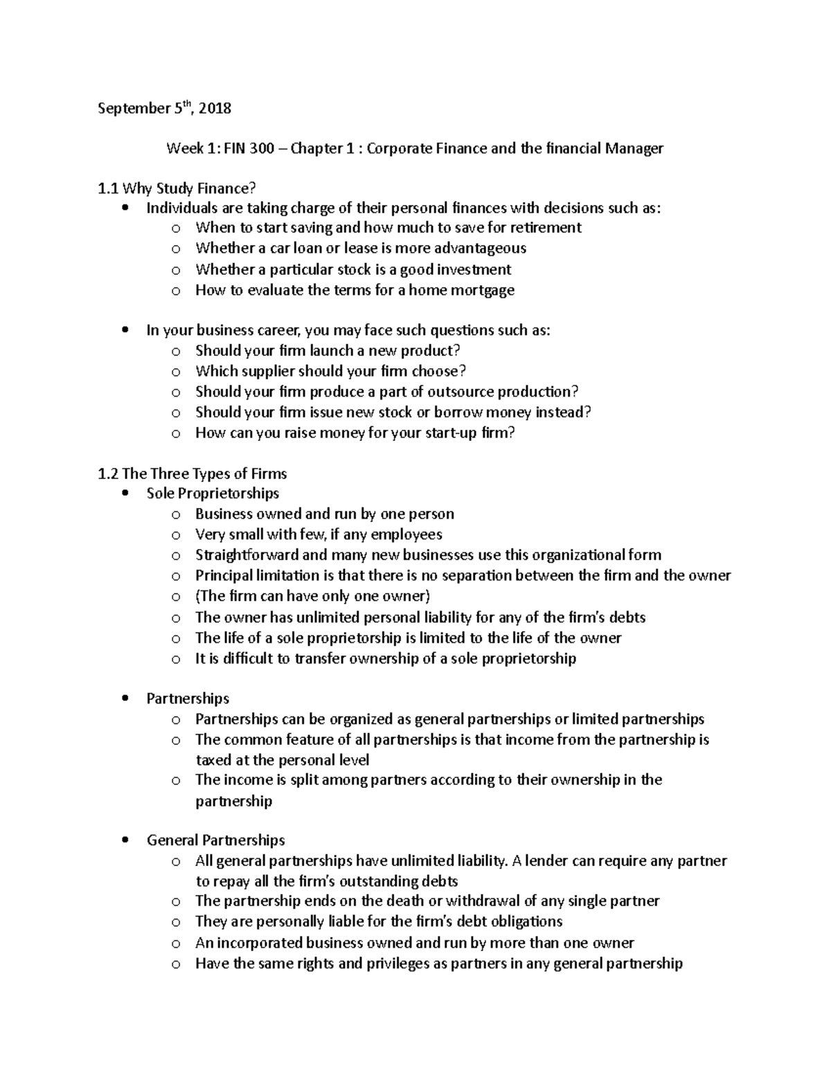 Week 1- Fin 300 - NOTES - September 5th, 2018 Week 1: FIN 300 – Chapter ...