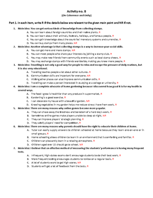 Activity no. 8 Coherence and Unity - Activity no. 8 (On Coherence and ...