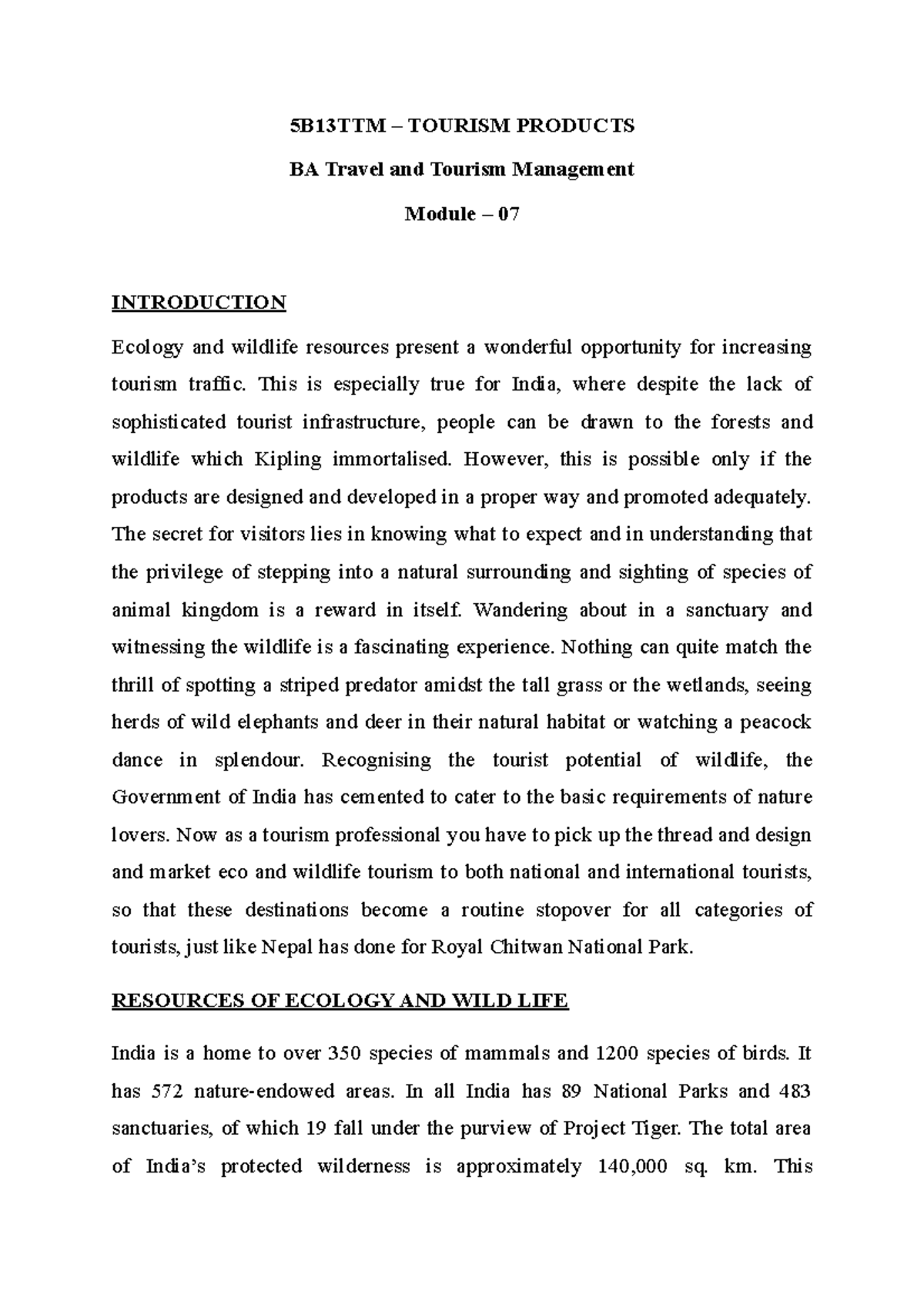 5B13TTM 07 - LECTURE NOTE - 5B13TTM – TOURISM PRODUCTS BA Travel And ...