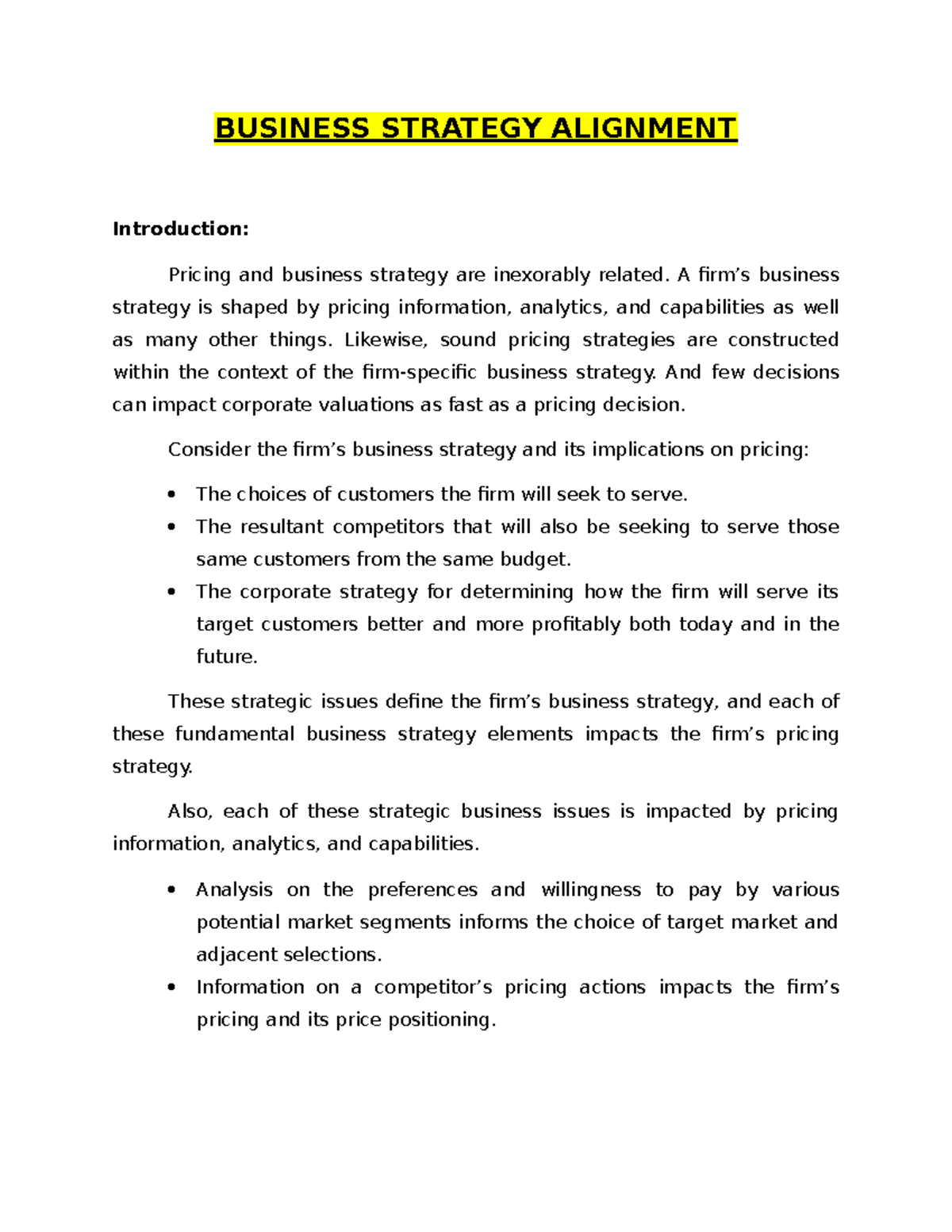 Alignment of Business Strategy - BUSINESS STRATEGY ALIGNMENT ...