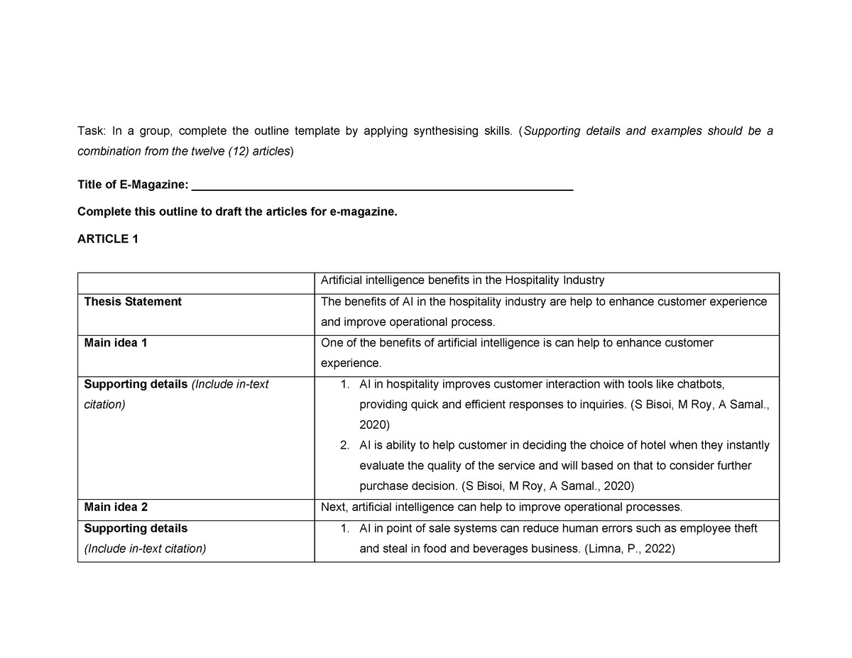 Outline lcc - Task: In a group, complete the outline template by ...