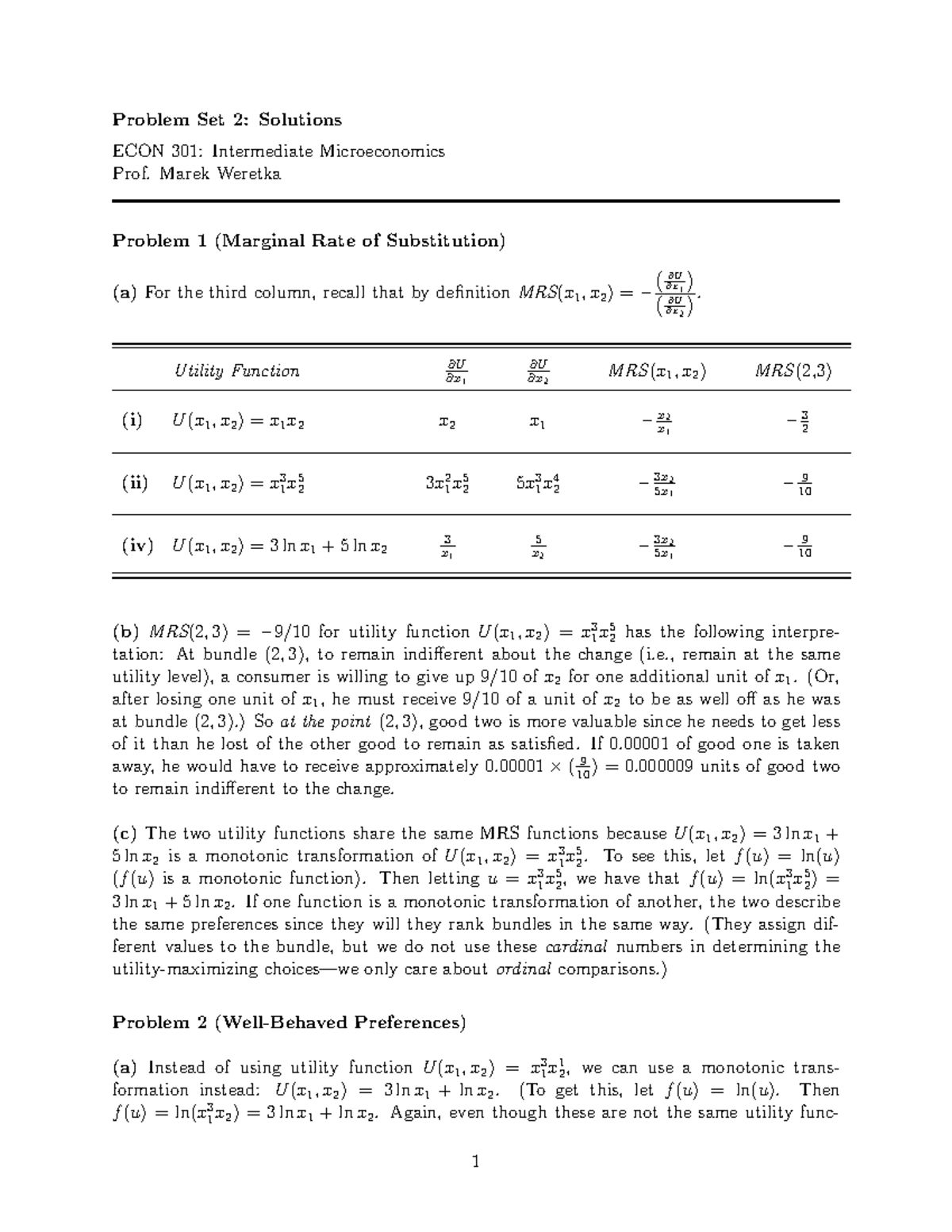 PS2Sol - Math course - Problem Set 2: Solutions ECON 301: Intermediate ...