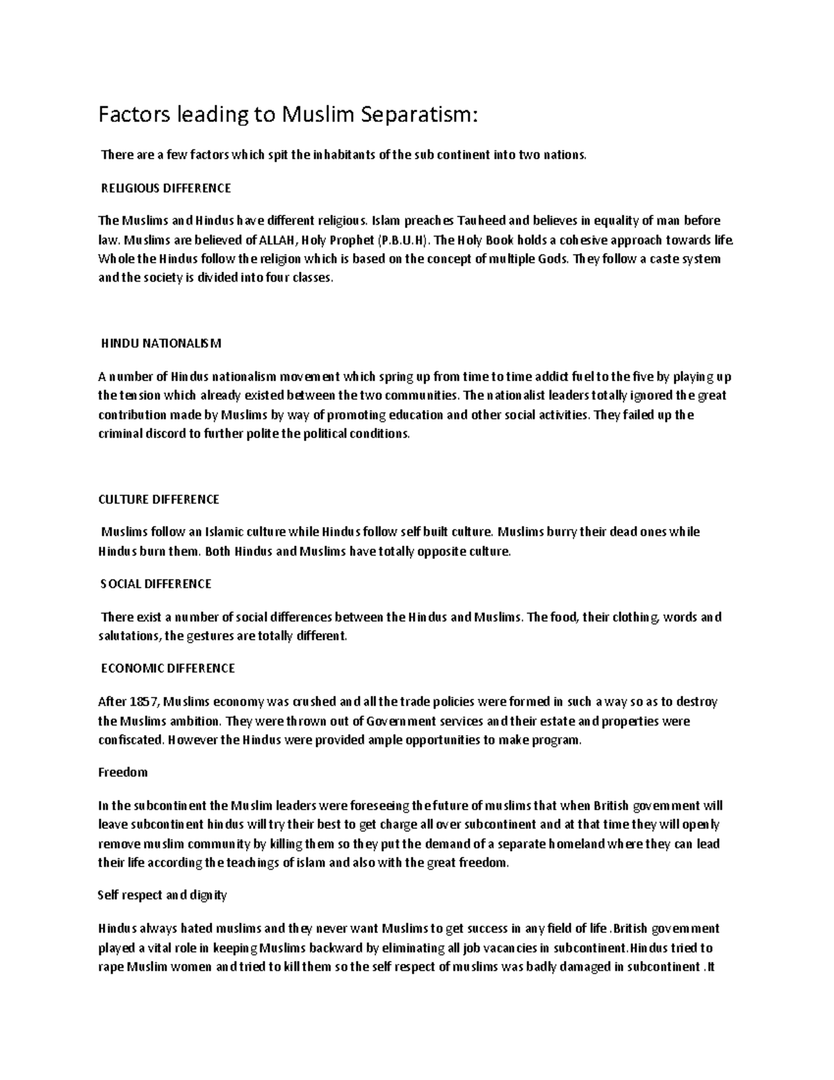 Factors leading to Muslim Separatism - RELIGIOUS DIFFERENCE The Muslims ...