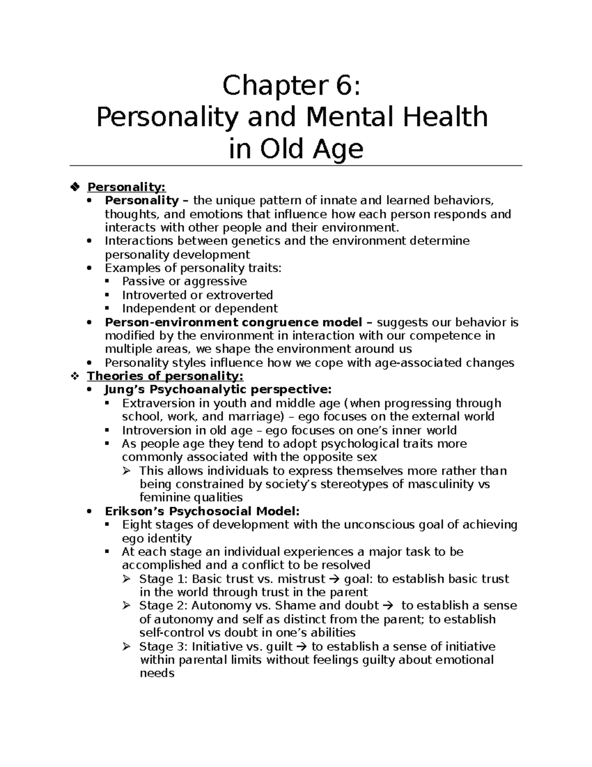 Chapter 6 notes Personality and mental health in old age