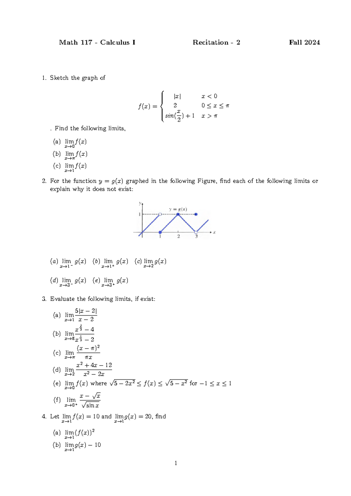 Recitation Problems 2 - Math 117 - Calculus I Recitation - 2 Fall 2024 ...
