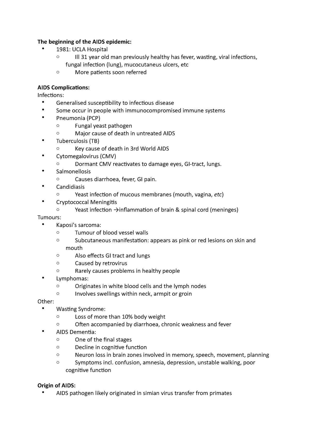 Lecture 10 notes - the HIV Epidemic - The beginning of the AIDS ...