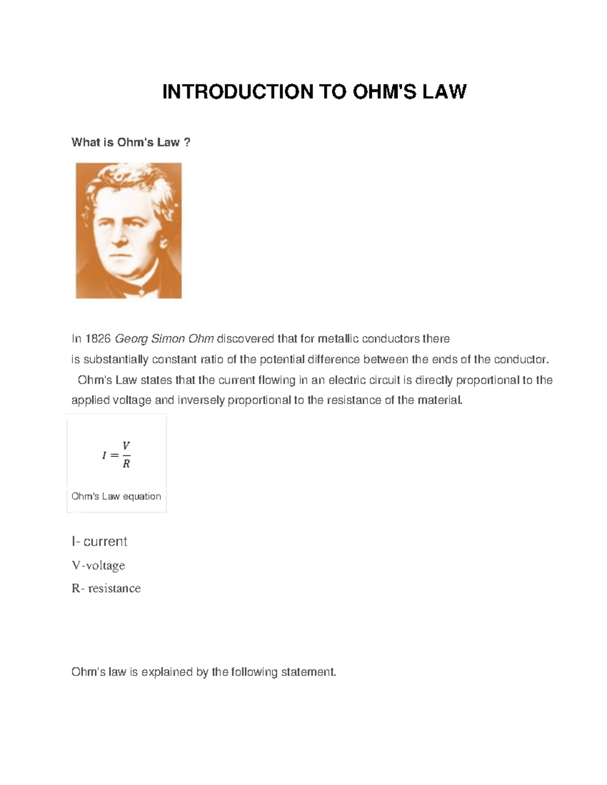 Introduction to Ohms law - INTRODUCTION TO OHM'S LAW What is Ohm's Law ...