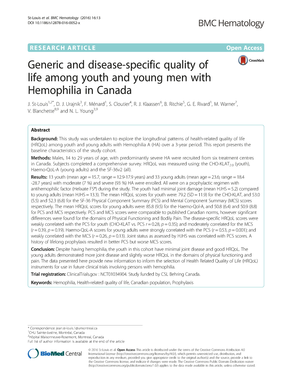 Updating the Canadian Hemophilia Outcomes–Kids' Life Assessment