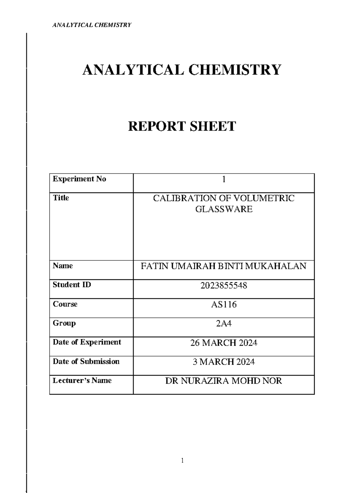 Experiment 1 CHM256 - ANALYTICAL CHEMISTRY REPORT SHEET Experiment No 1 ...