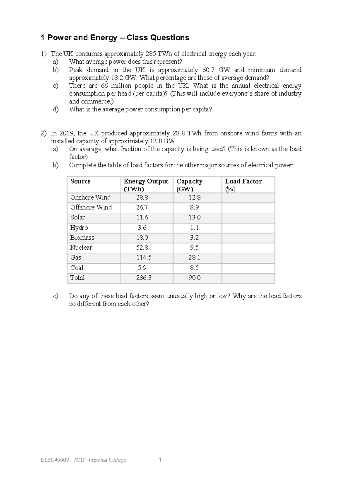 1 Power And Energy - Tutorial Work - Class Problems - ELEC40009 - TCG ...