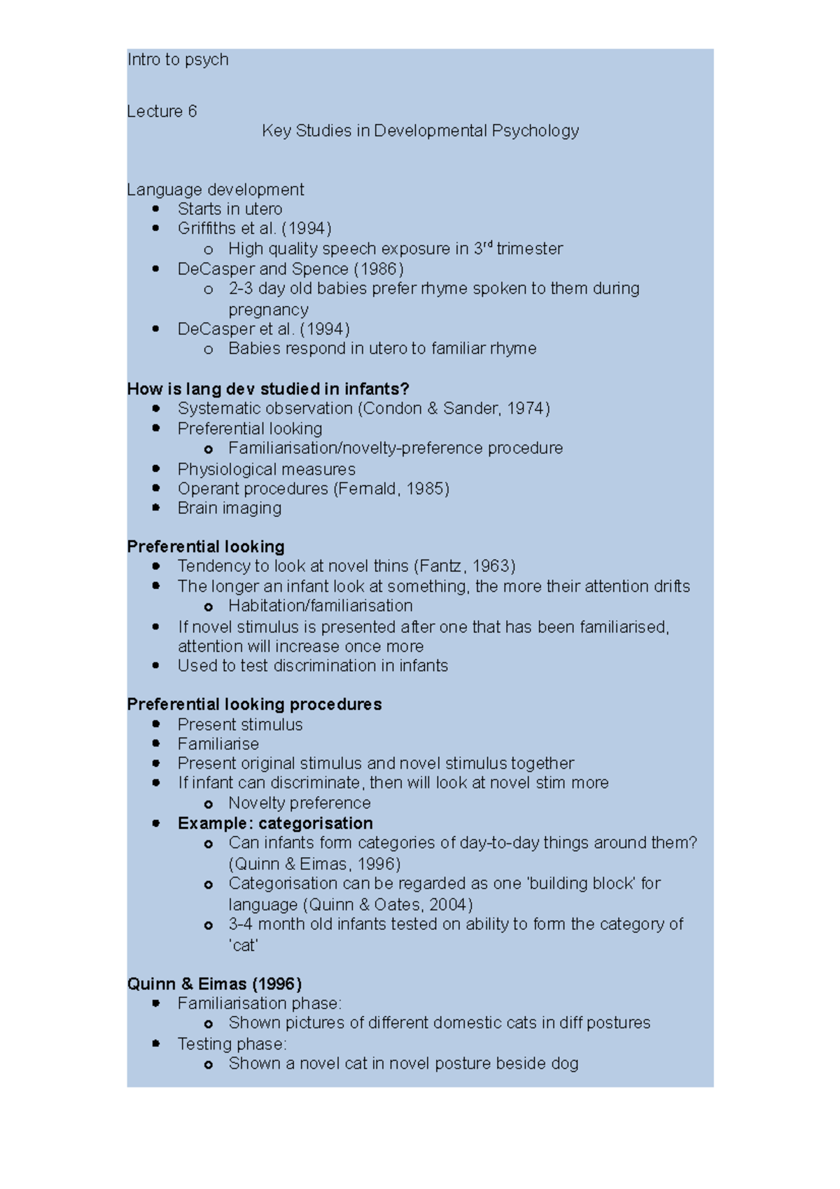 Developmental psych - Intro to psych Lecture 6 Key Studies in ...