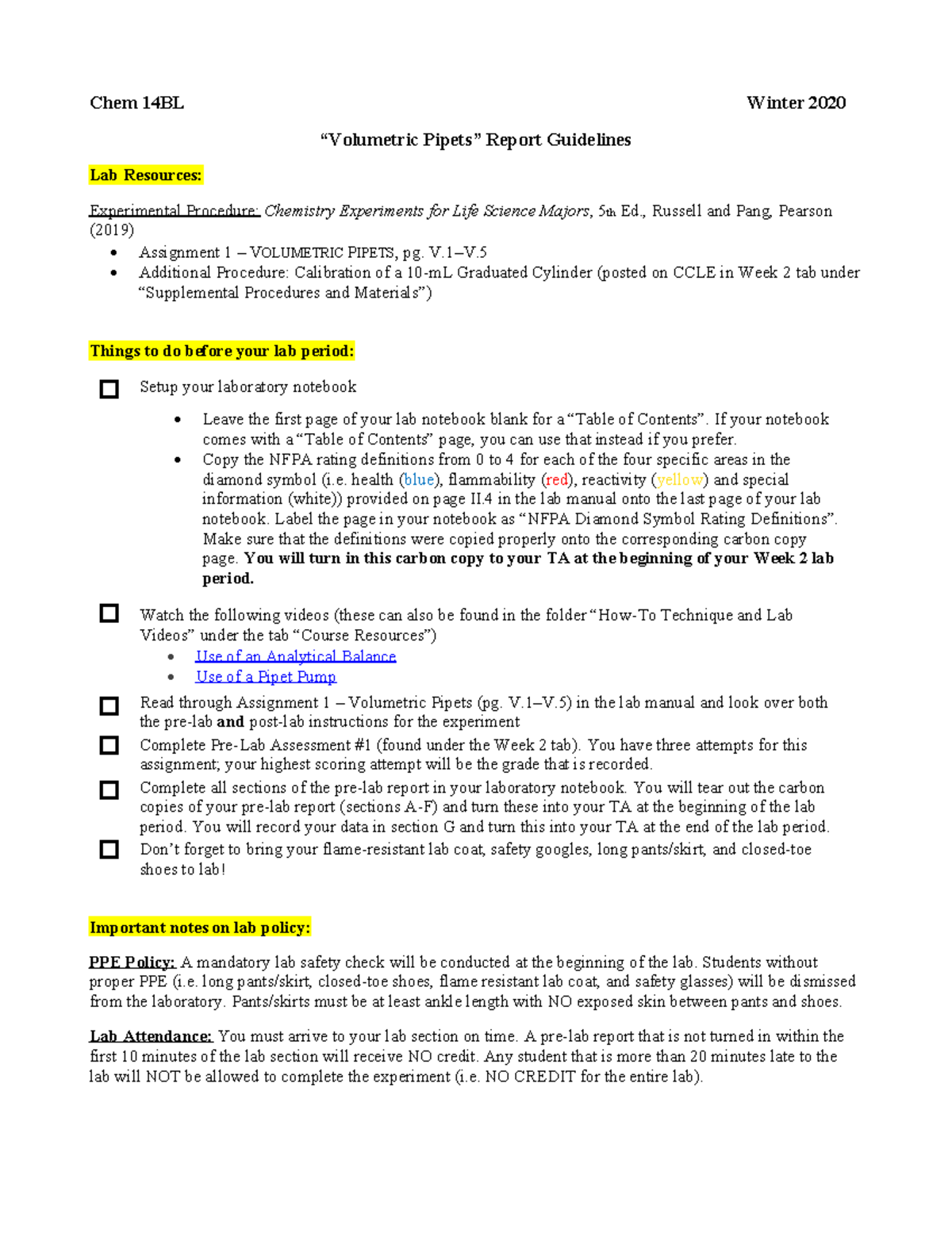 Week 2 Pipet Calibration Lab Report Instructions Chem 14BL Winter 2020