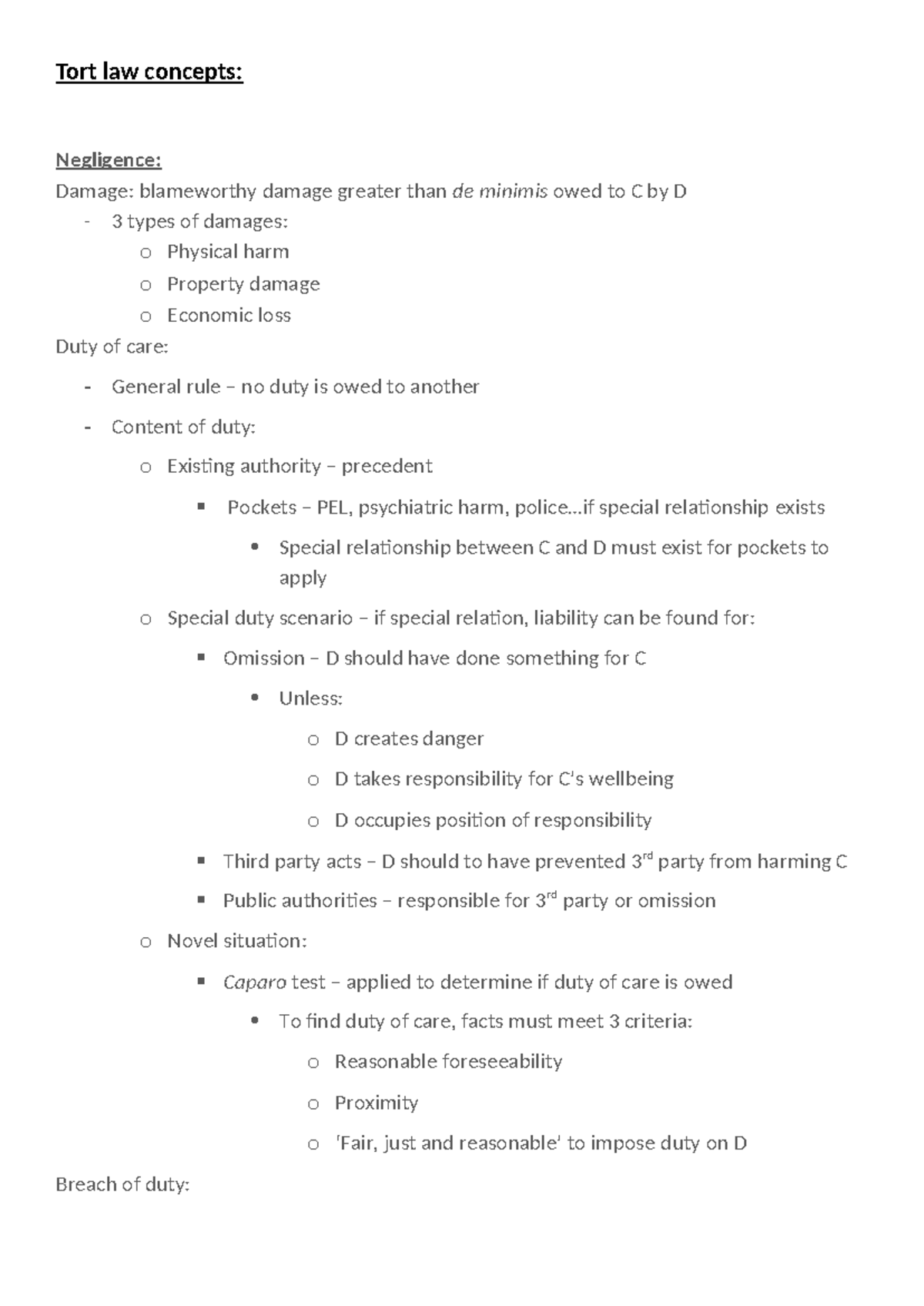 Tort law concepts - Summary Law of Torts - Tort law concepts ...