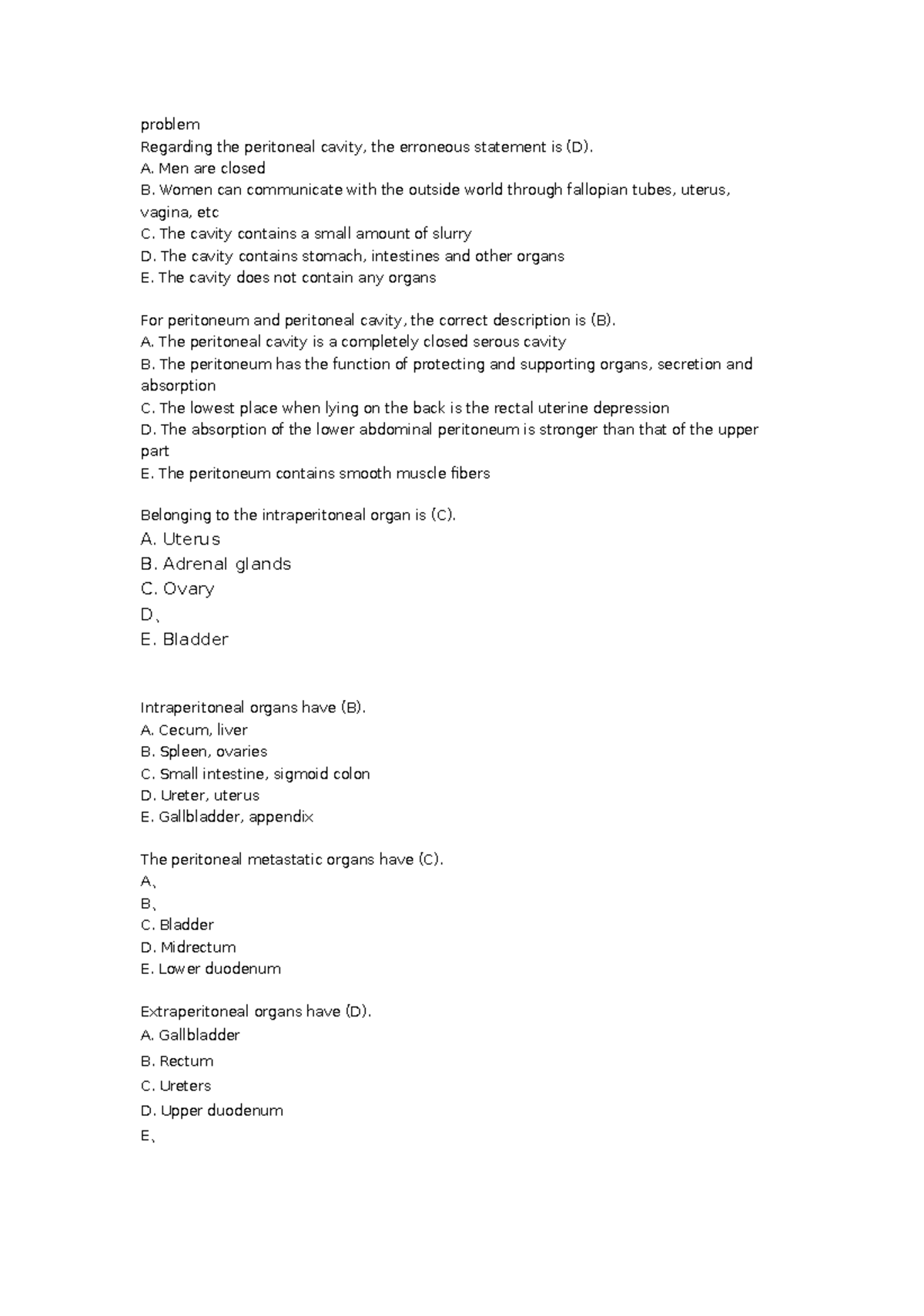 Problem BI232 - problem Regarding the peritoneal cavity, the erroneous ...