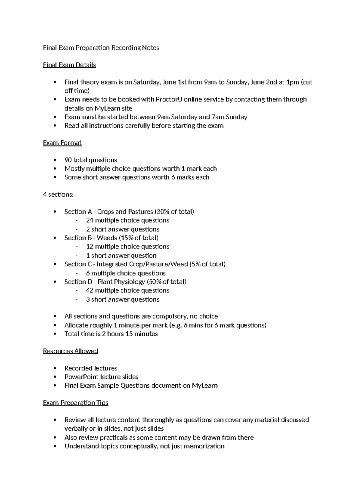 Final Exam Preparation Recording Notes - 6 mins for 6 mark questions ...